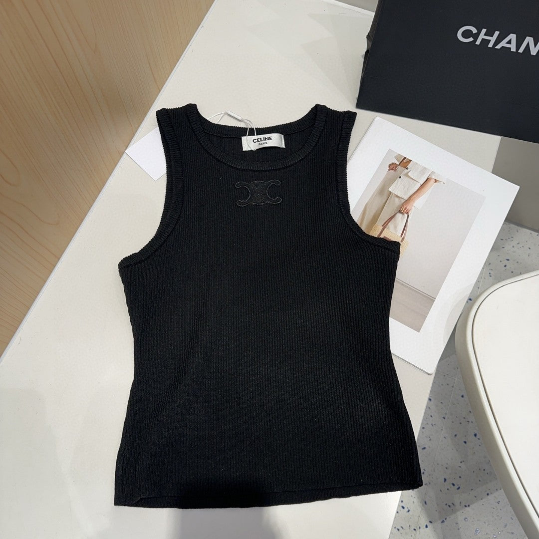 CELINE TANK TOP 633207 IN BLACK COTTON RIBBED KNIT EMBOSSED LOGO