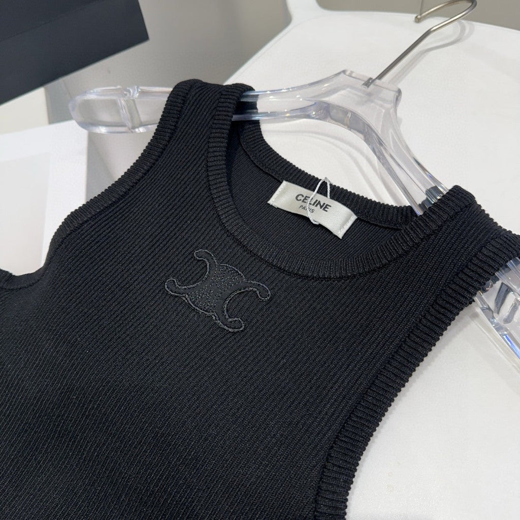 CELINE TANK TOP 633207 IN BLACK COTTON RIBBED KNIT EMBOSSED LOGO