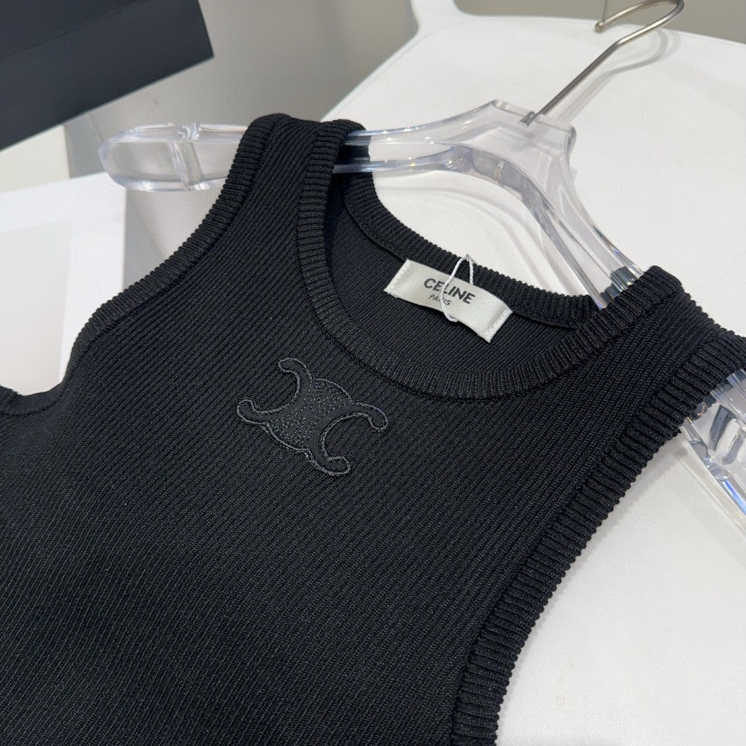 CELINE TANK TOP 633207 IN BLACK COTTON RIBBED KNIT EMBOSSED LOGO