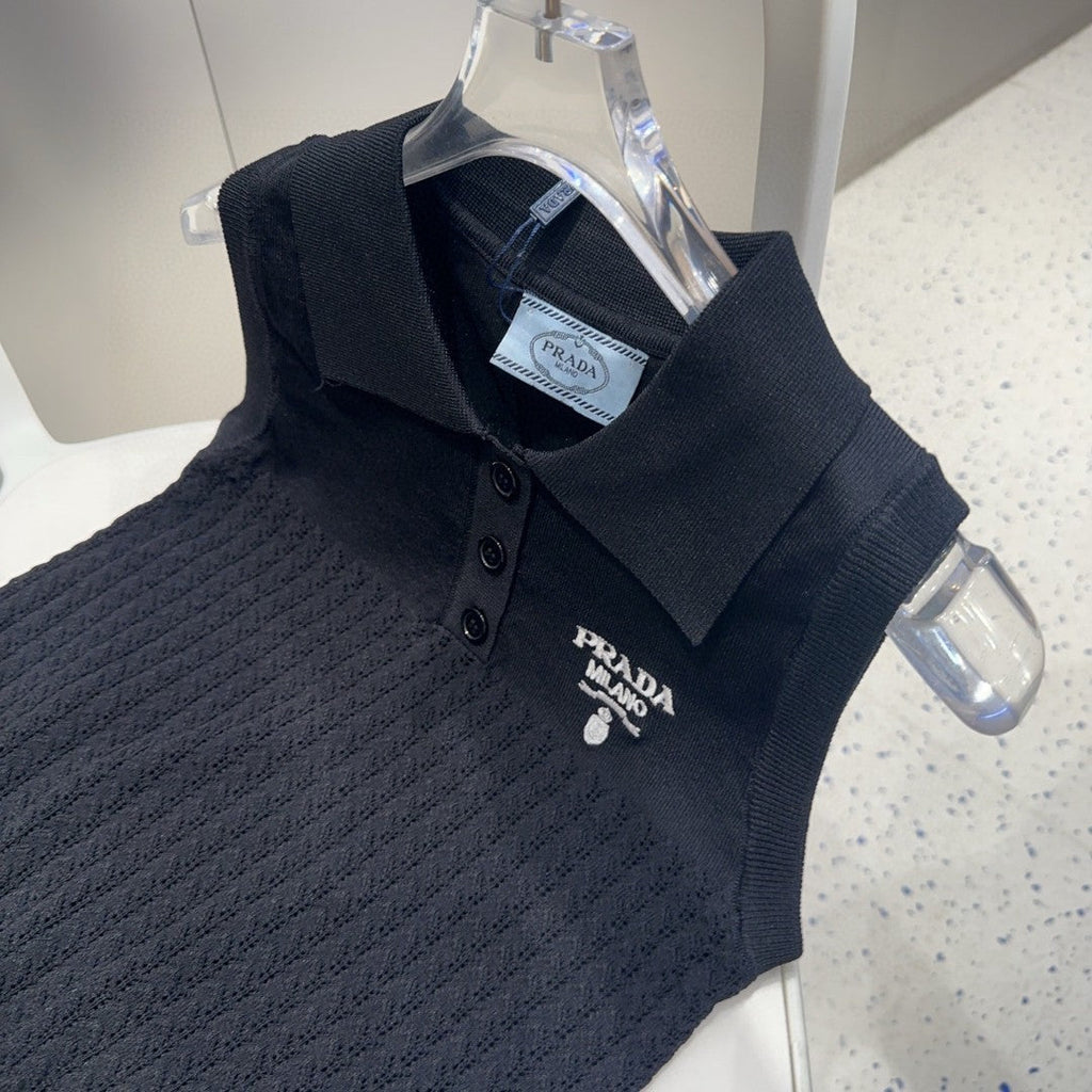 PRADA POLO TANK TOP 638006 IN BLACK COTTON RIBBED KNIT