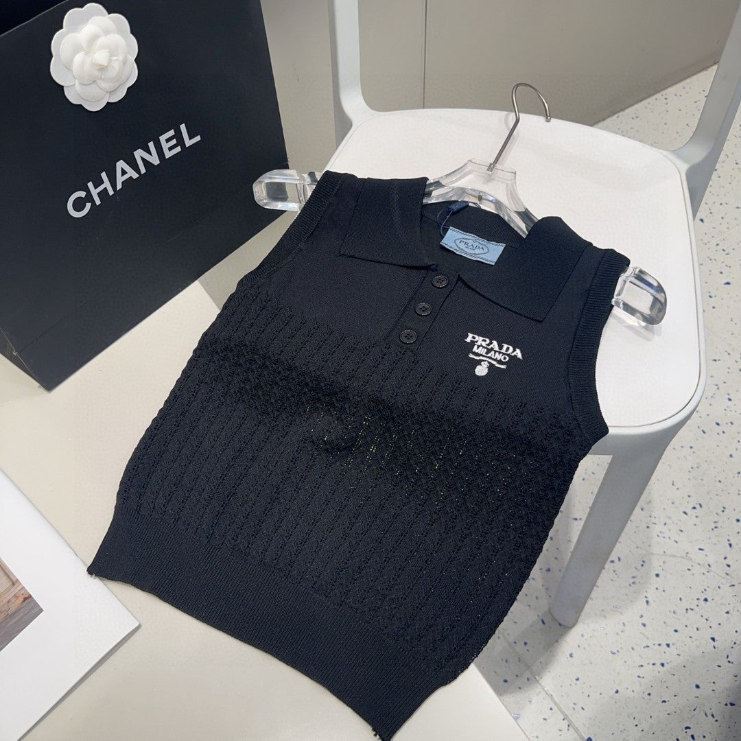 PRADA POLO TANK TOP 638006 IN BLACK COTTON RIBBED KNIT