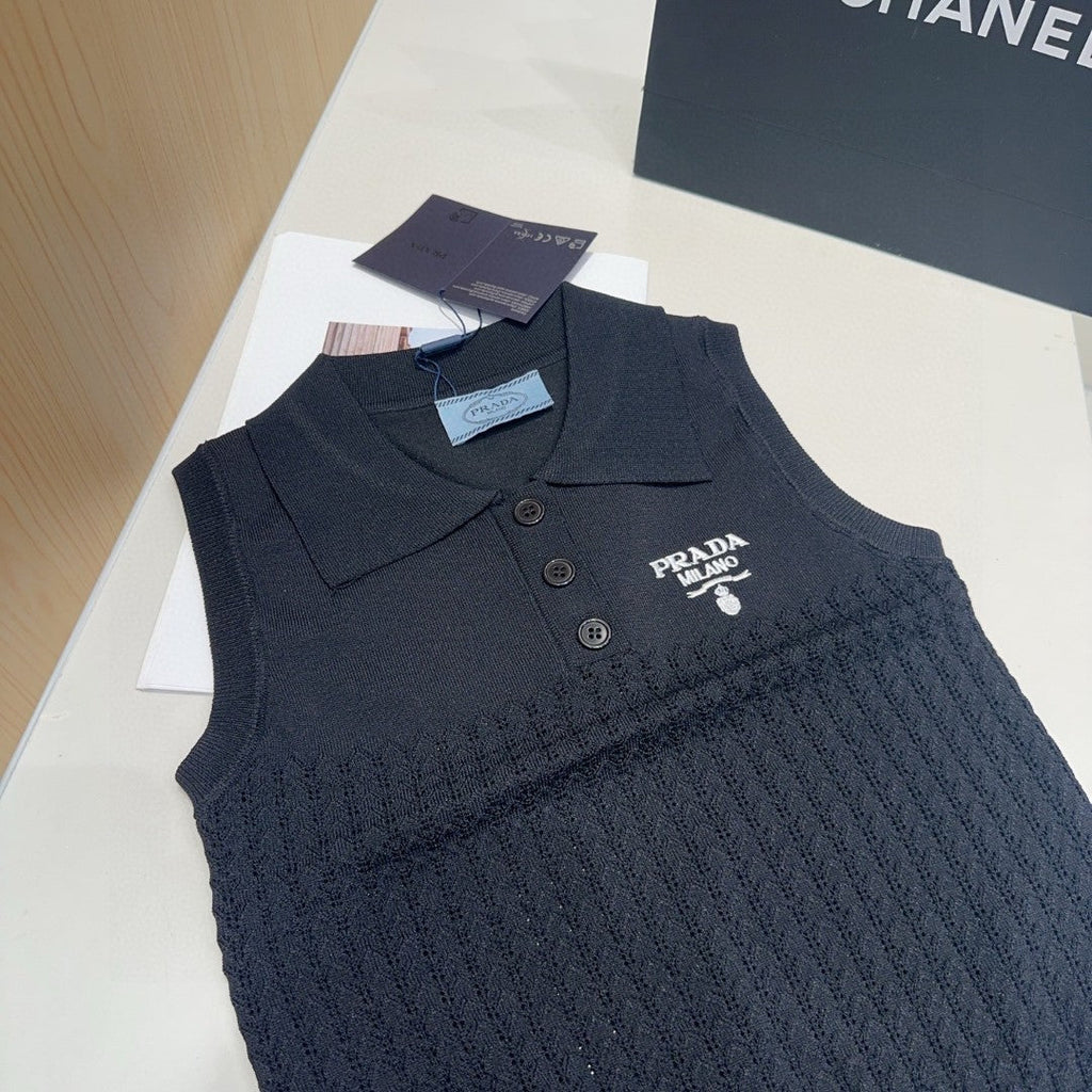 PRADA POLO TANK TOP 638006 IN BLACK COTTON RIBBED KNIT