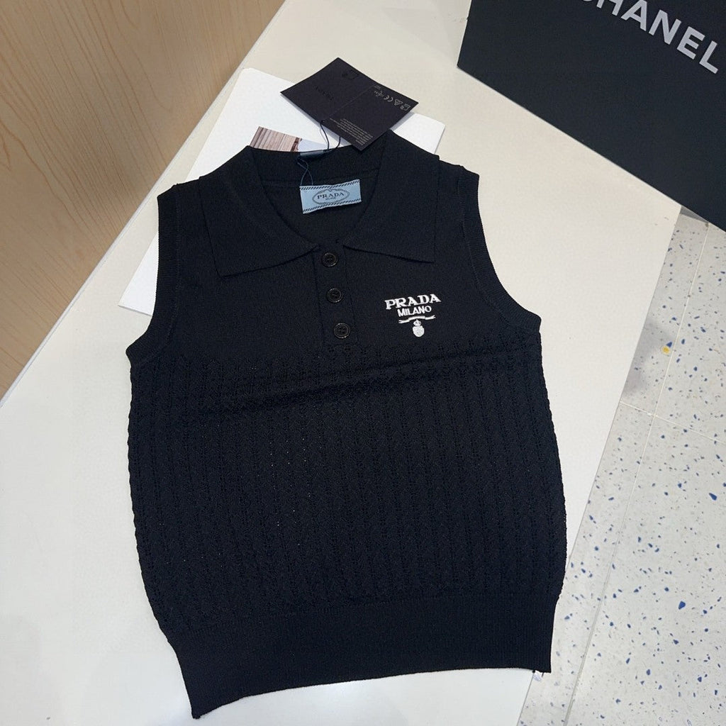 PRADA POLO TANK TOP 638006 IN BLACK COTTON RIBBED KNIT