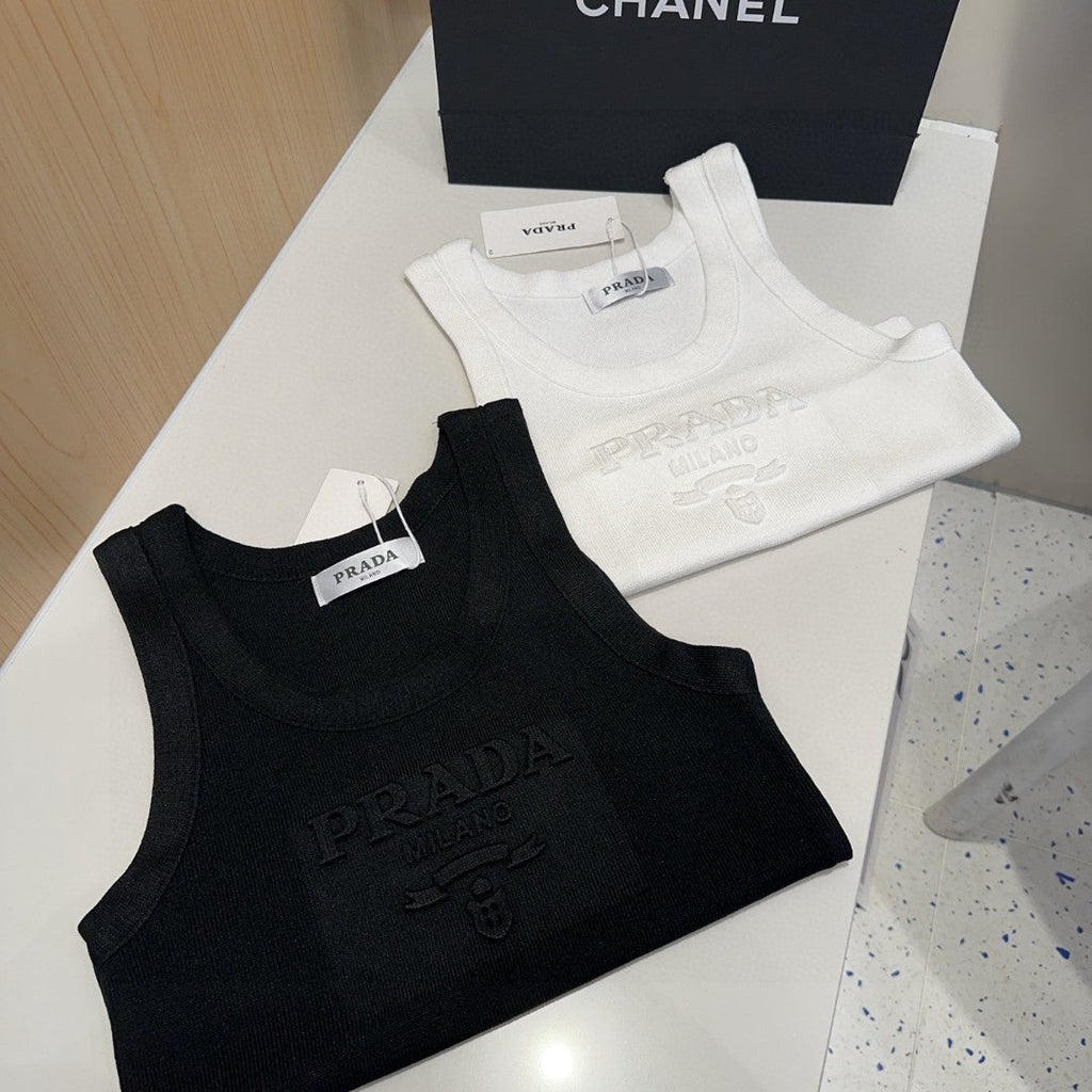 PRADA SLEEVELESS TOP 640631 IN BLACK COTTON EMBOSSED LOGO