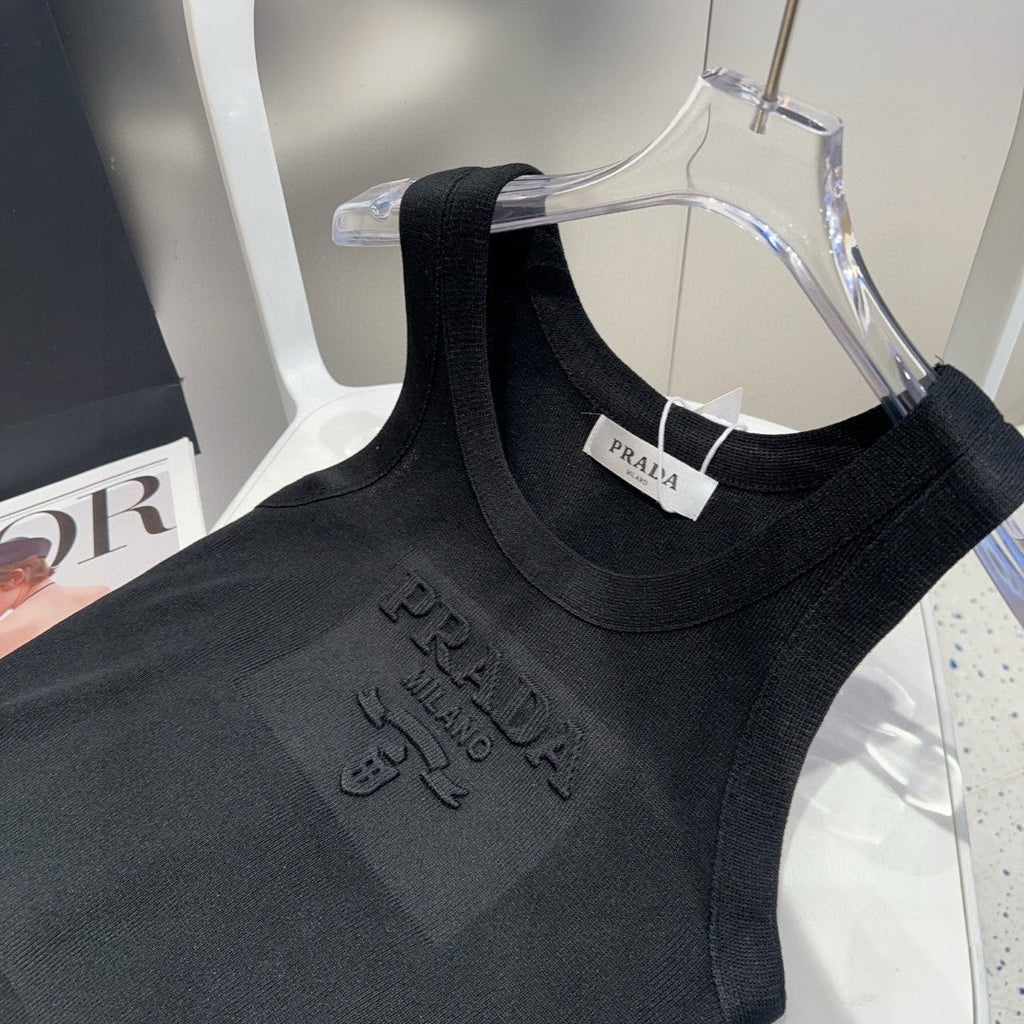 PRADA SLEEVELESS TOP 640631 IN BLACK COTTON EMBOSSED LOGO