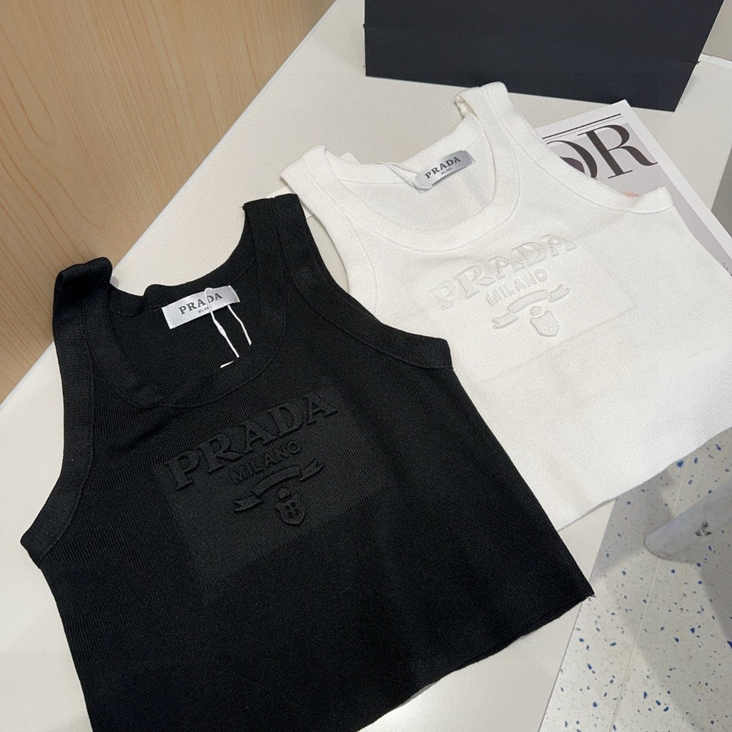 PRADA SLEEVELESS TOP 640631 IN BLACK COTTON EMBOSSED LOGO