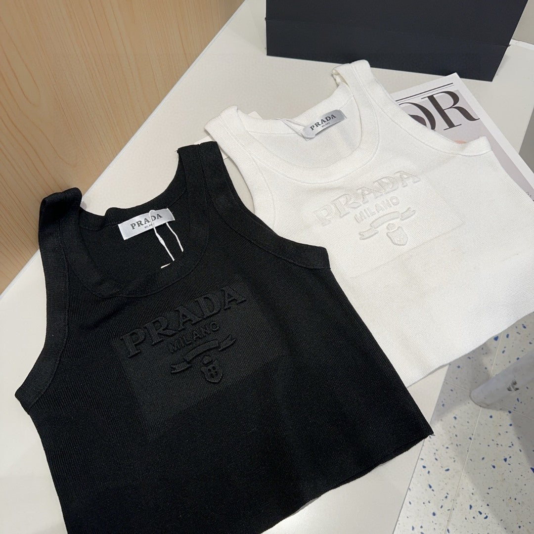 PRADA SLEEVELESS TOP 640631 IN BLACK COTTON EMBOSSED LOGO