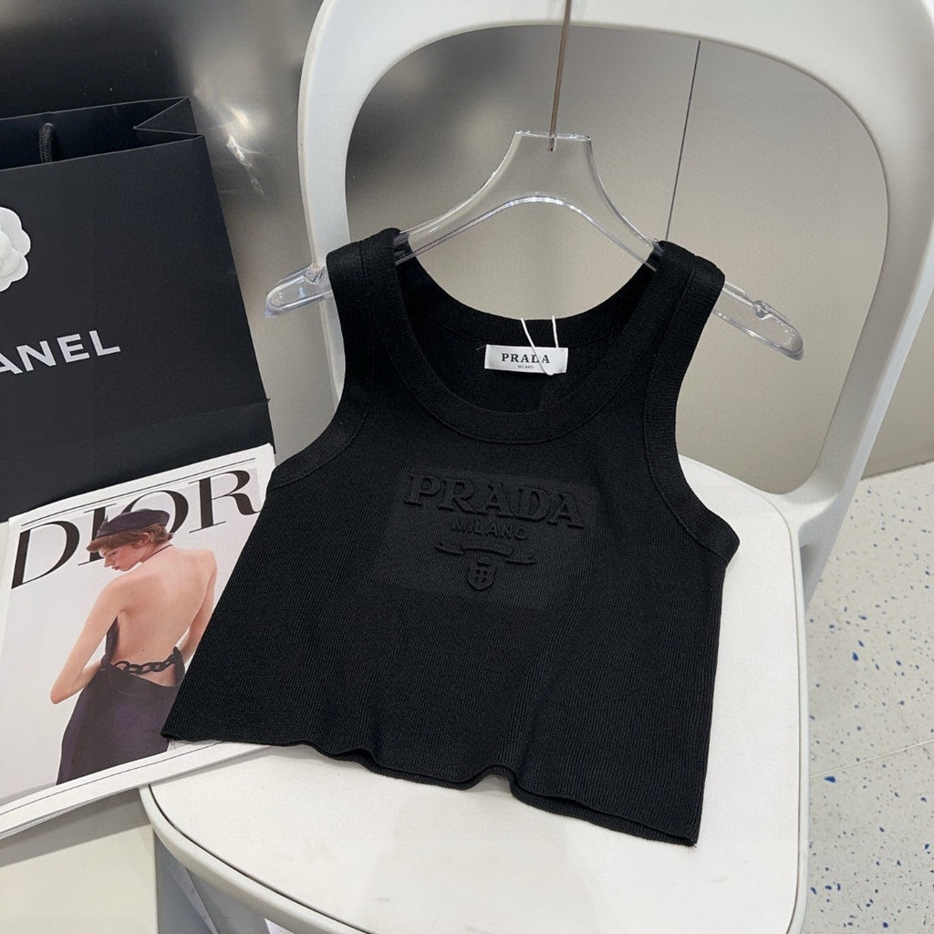 PRADA SLEEVELESS TOP 640631 IN BLACK COTTON EMBOSSED LOGO