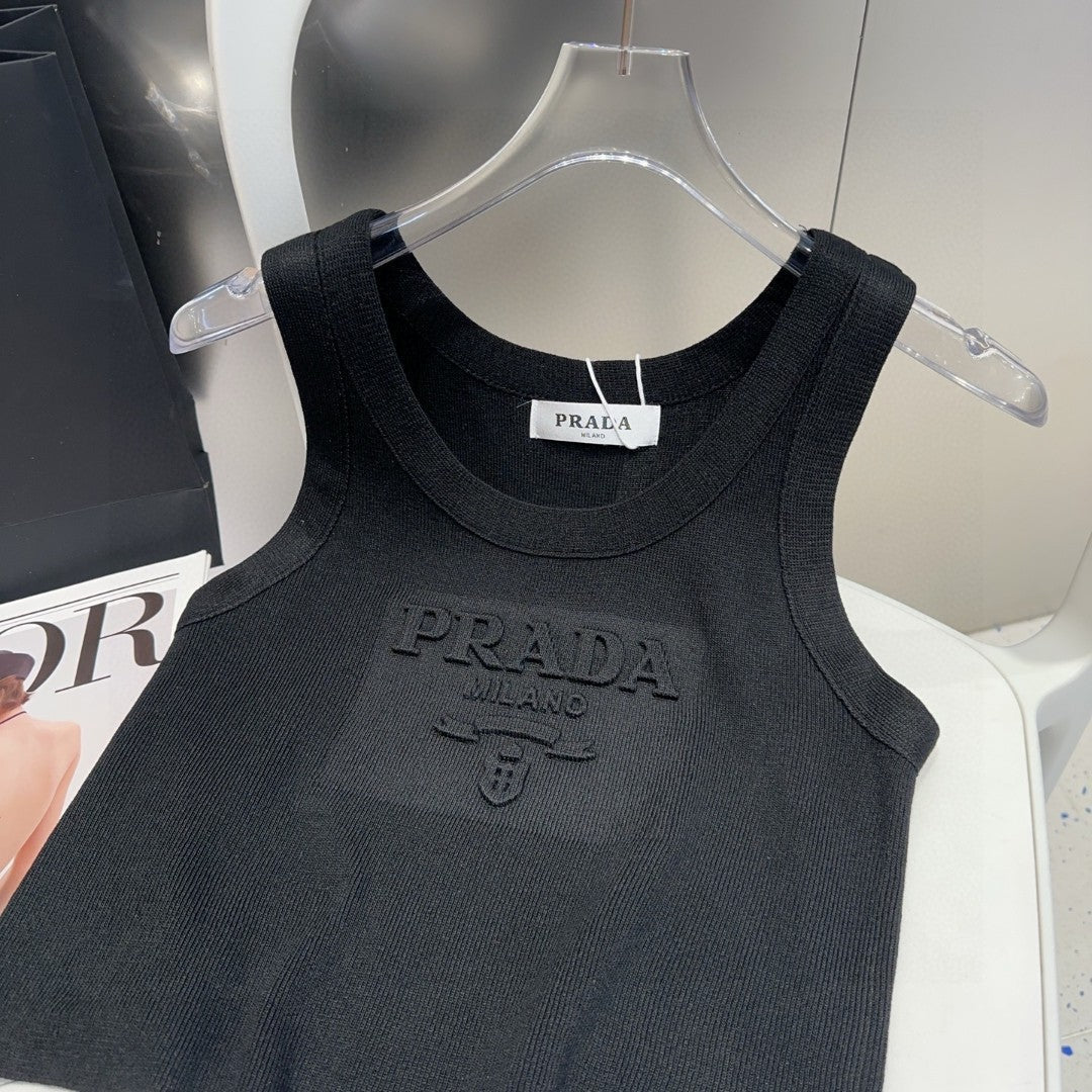 PRADA SLEEVELESS TOP 640631 IN BLACK COTTON EMBOSSED LOGO