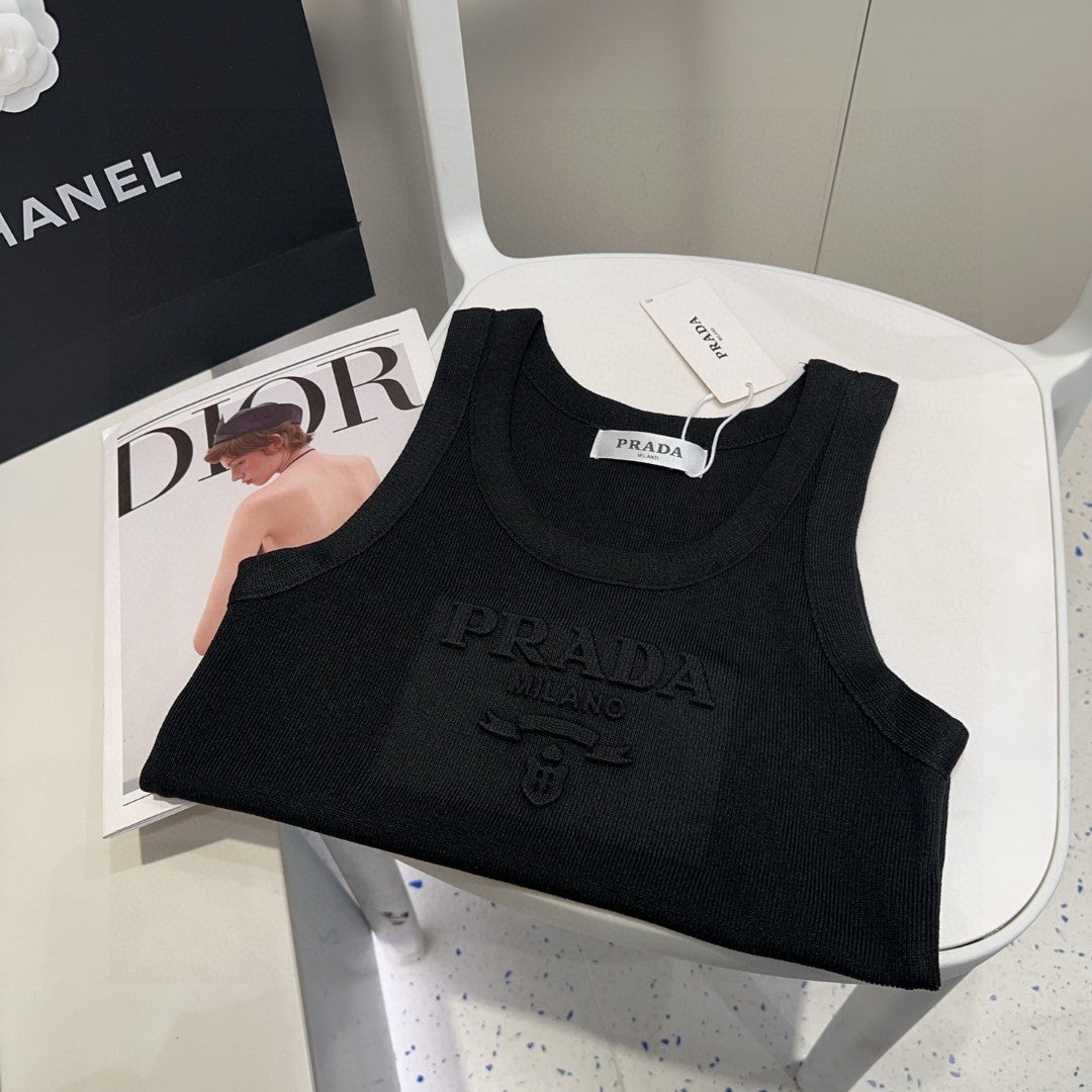 PRADA SLEEVELESS TOP 640631 IN BLACK COTTON EMBOSSED LOGO