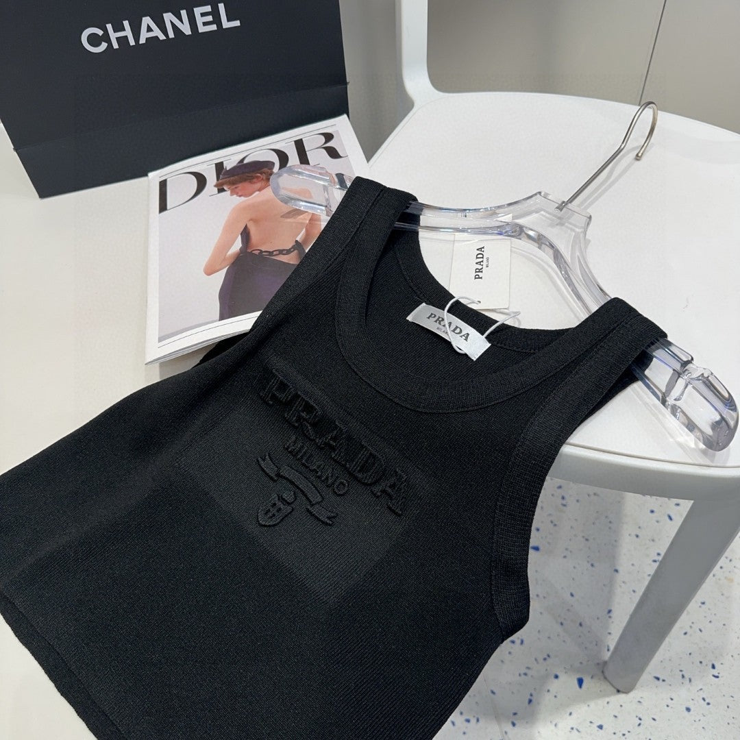 PRADA SLEEVELESS TOP 640631 IN BLACK COTTON EMBOSSED LOGO