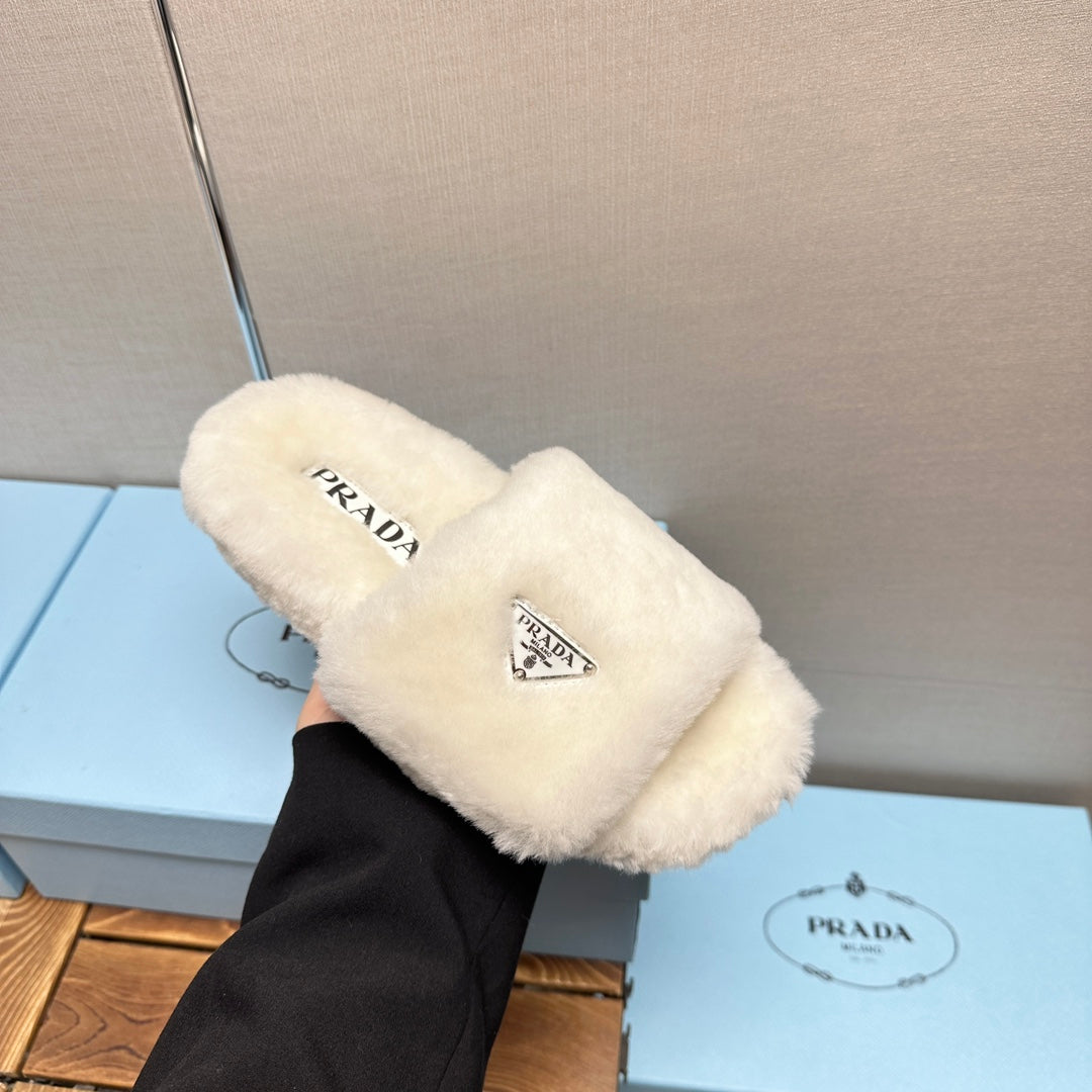 PRADA THICK-SOLED FUR SLIDES WHITE WITH TRIANGLE LOGO