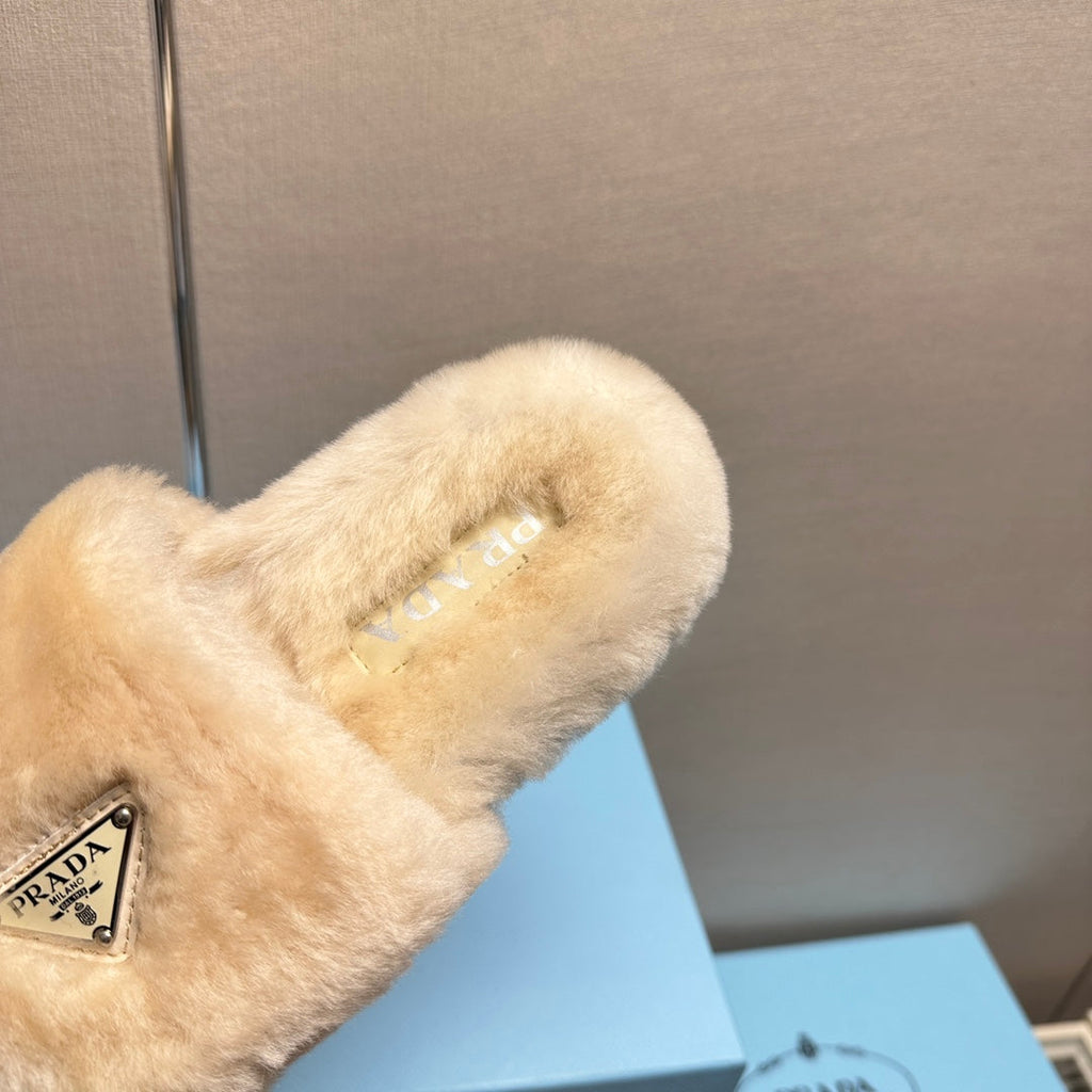 PRADA THICK-SOLED FUR SLIDES TUSCAN BEIGE WITH TRIANGLE LOGO