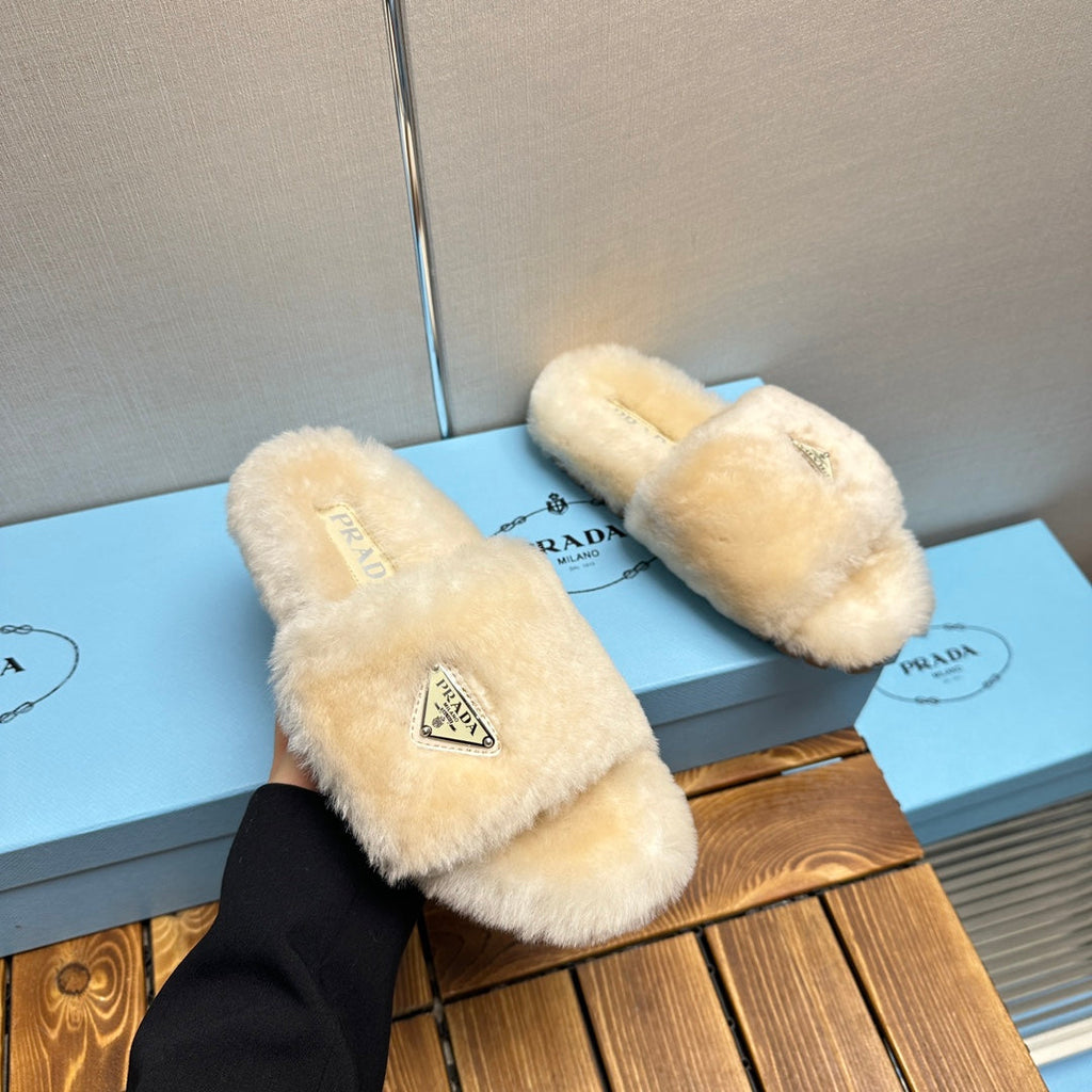 PRADA THICK-SOLED FUR SLIDES TUSCAN BEIGE WITH TRIANGLE LOGO