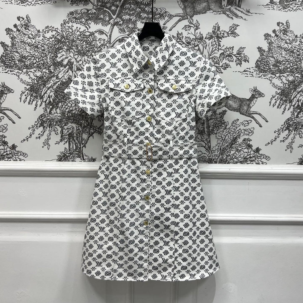 LOUIS VUITTON LV JACQUARD PATTERN ROUND NECK DENIM DRESS 274622