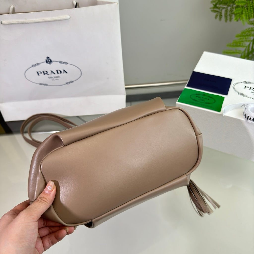 PRADA DRAWSTRING BUCKET BAG 25 IN BROWN BEAR SOFT LAMBSKIN