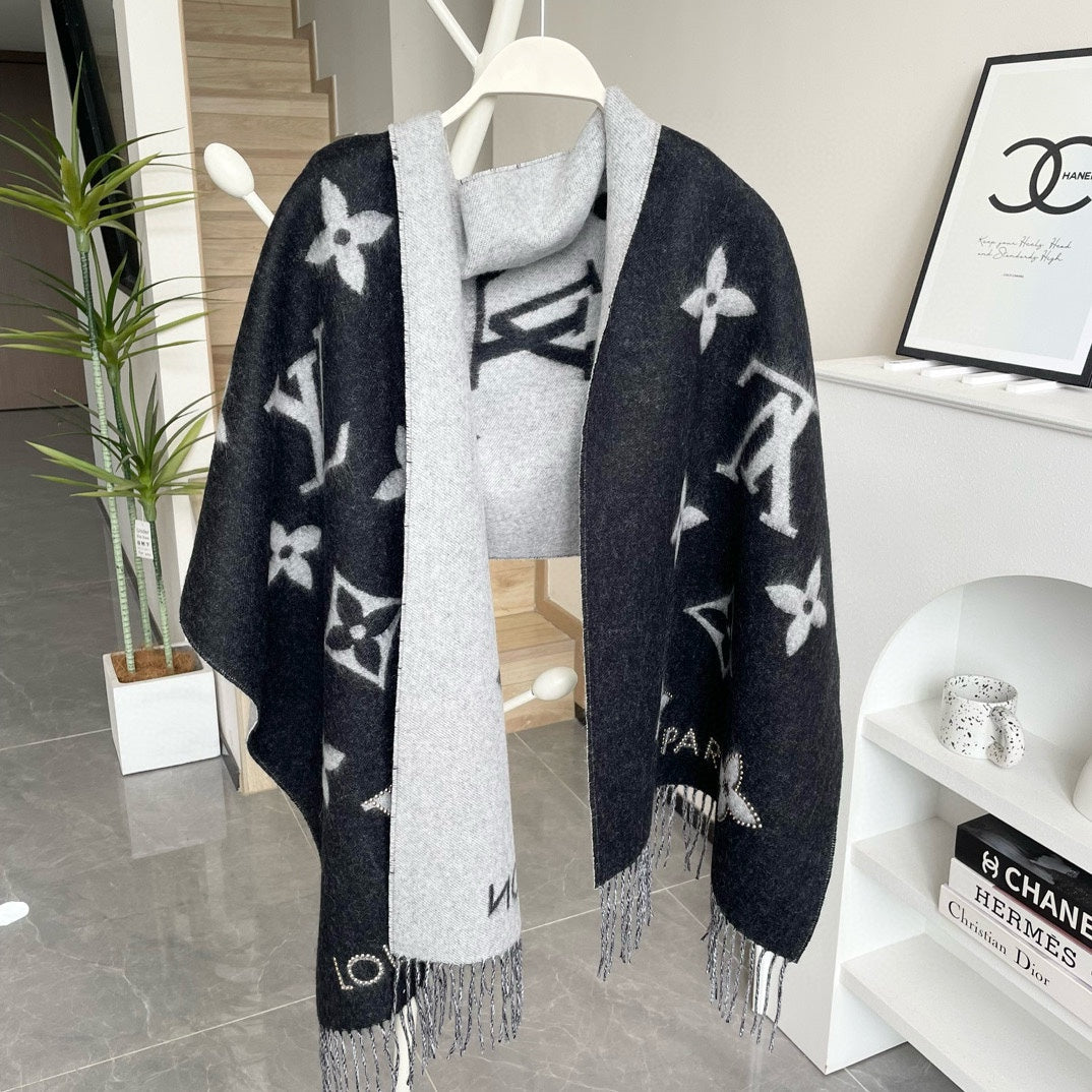 LOUIS VUITTON MONOGRAM FLOWERS SCARF 170 CM IN BLACK CASHMERE 390975