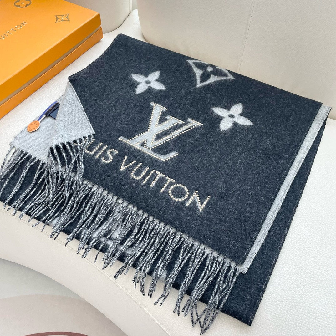 LOUIS VUITTON MONOGRAM FLOWERS SCARF 170 CM IN BLACK CASHMERE 390975
