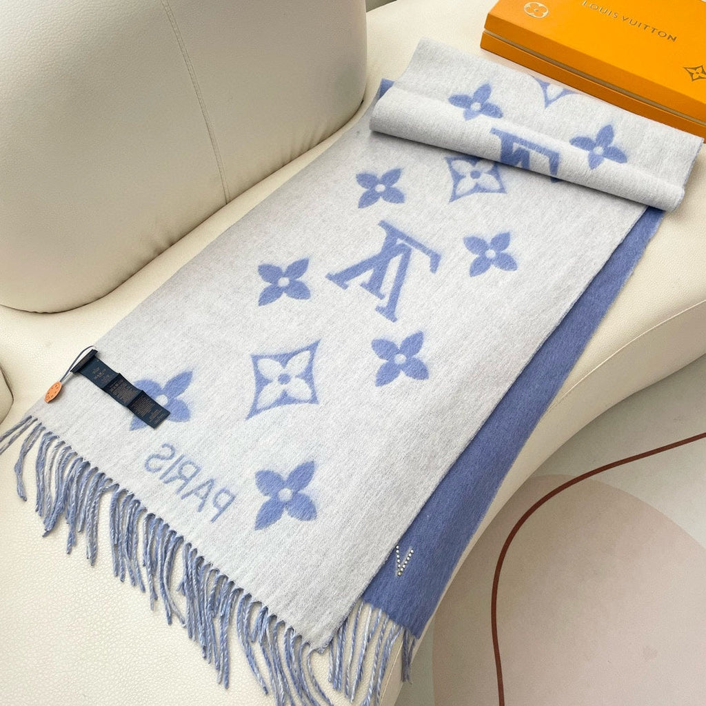 LOUIS VUITTON MONOGRAM FLOWERS SCARF 170 CM IN ELECTRIC BLUE CASHMERE 390976