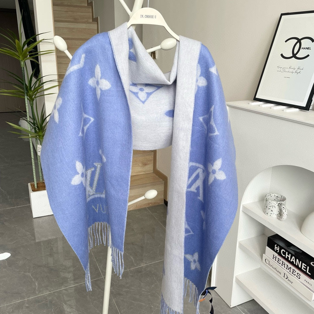 LOUIS VUITTON MONOGRAM FLOWERS SCARF 170 CM IN ELECTRIC BLUE CASHMERE 390976
