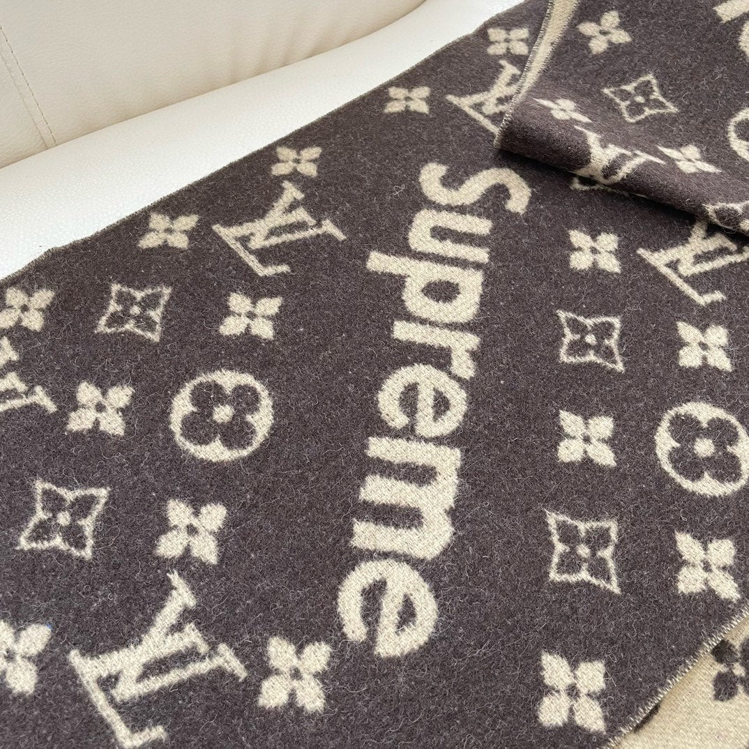LOUIS VUITTON SUPREME X MONOGRAM 180 CM SCARF IN UMBER BROWN WOOL AND CASHMERE 392941