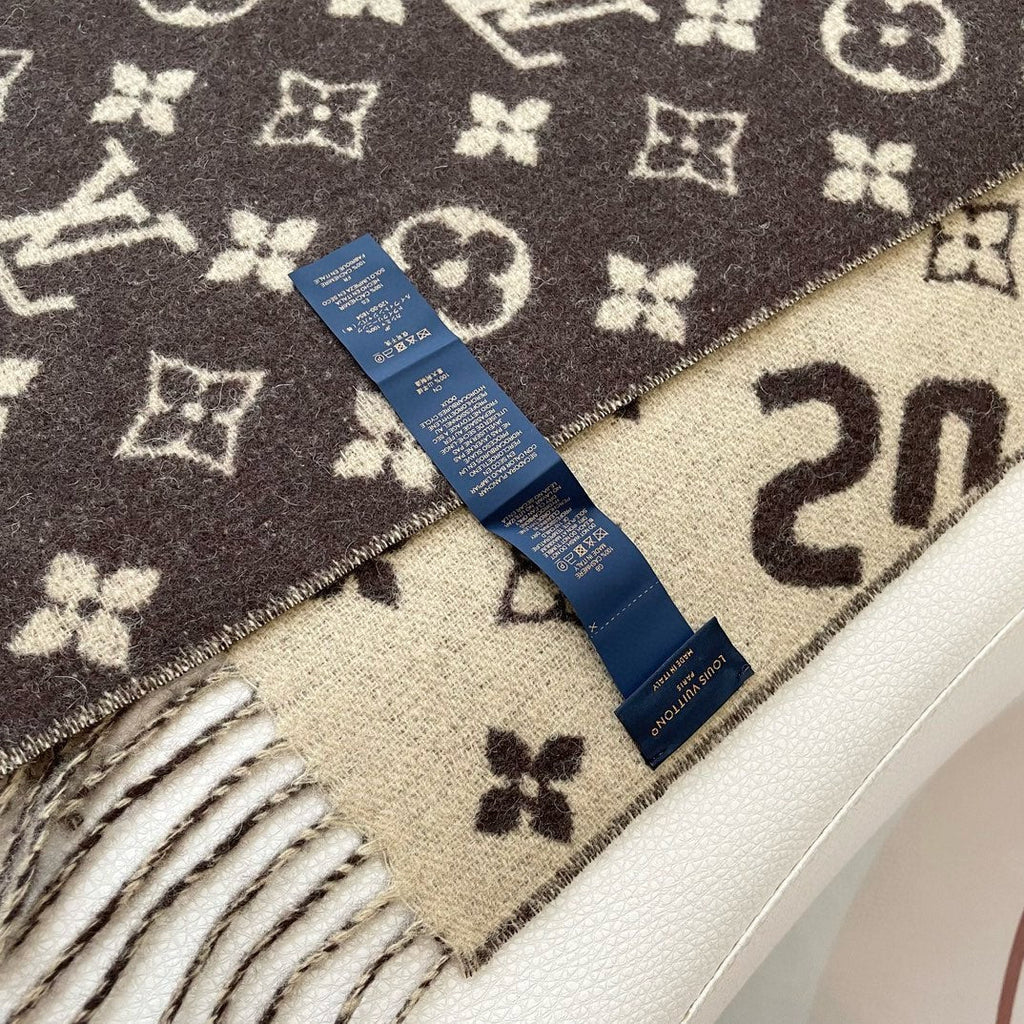 LOUIS VUITTON SUPREME X MONOGRAM 180 CM SCARF IN UMBER BROWN WOOL AND CASHMERE 392941
