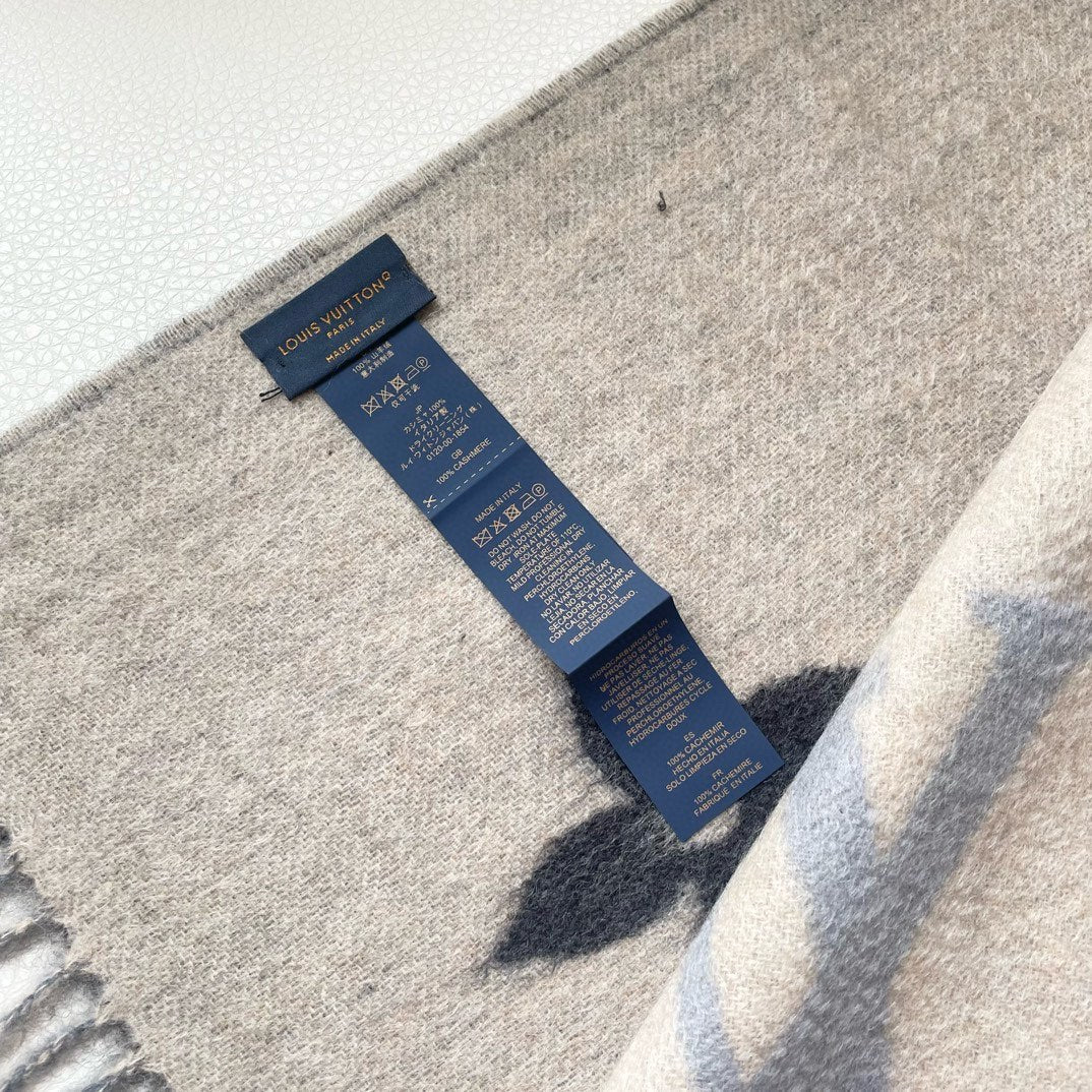 LOUIS VUITTON REYKJAVIK GRADIENT SCARF 220 CM IN DOVE GRAY MIX CAMEL BROWN CASHMERE 399737
