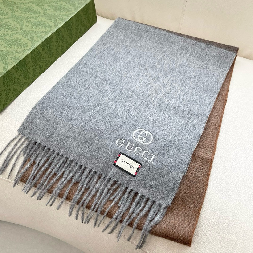GUCCI SCARF 190 CM IN DOVE GRAY MIX CAMEL BEIGE CASHMERE AND WOOL 399761