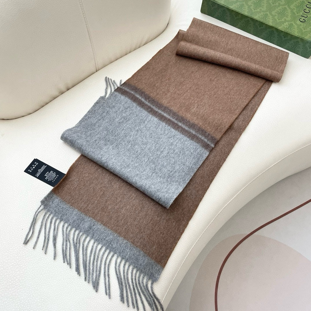 GUCCI SCARF 190 CM IN DOVE GRAY MIX CAMEL BEIGE CASHMERE AND WOOL 399761