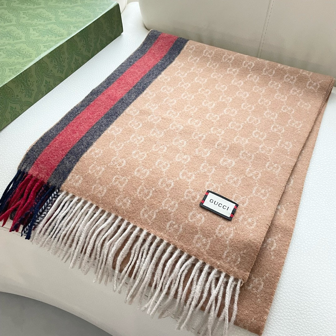 GUCCI SCARF 200 CM IN PEANUT BROWN MONOGRAM CASHMERE  399766