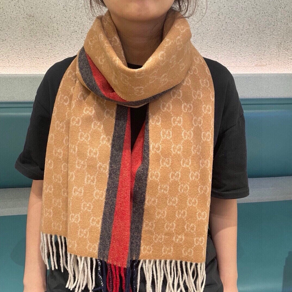 GUCCI SCARF 200 CM IN PEANUT BROWN MONOGRAM CASHMERE  399766