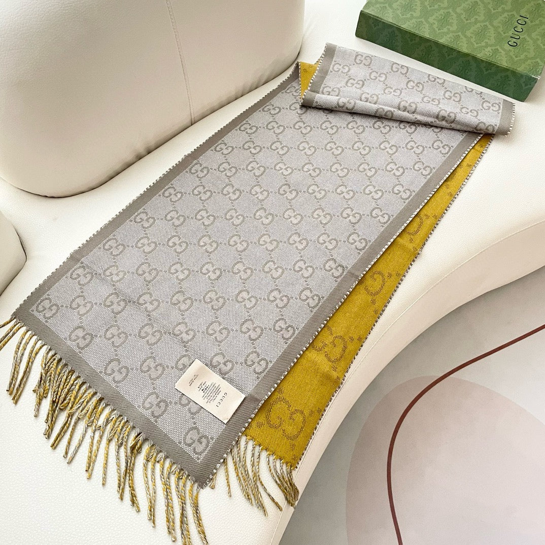 GUCCI SCARF 195 CM IN DIJON YELLOW AND KHAKI BROWN CASHMERE 401403