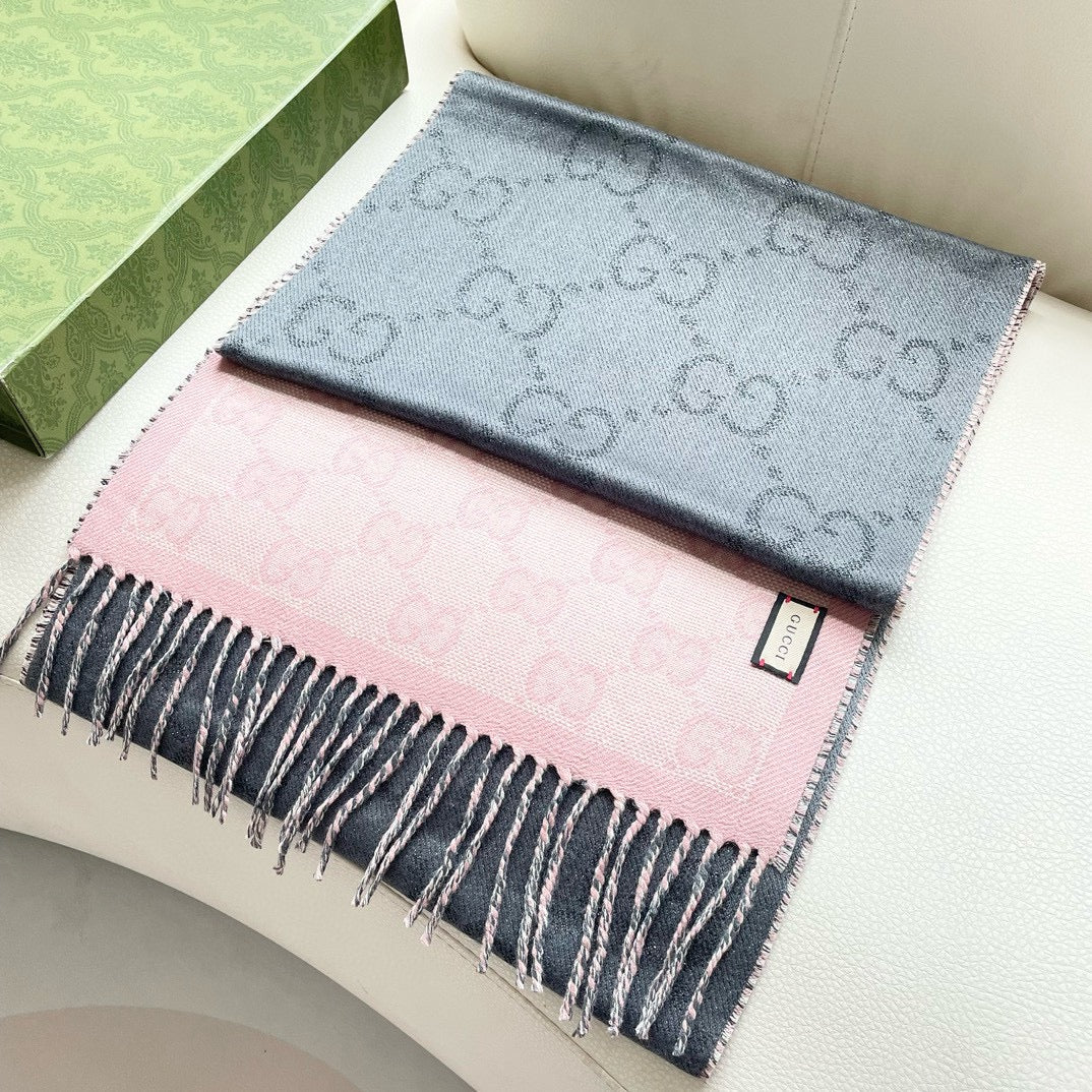 GUCCI SCARF 195 CM IN SHARK GRAY AND LIGHT PINK CASHMERE 401404