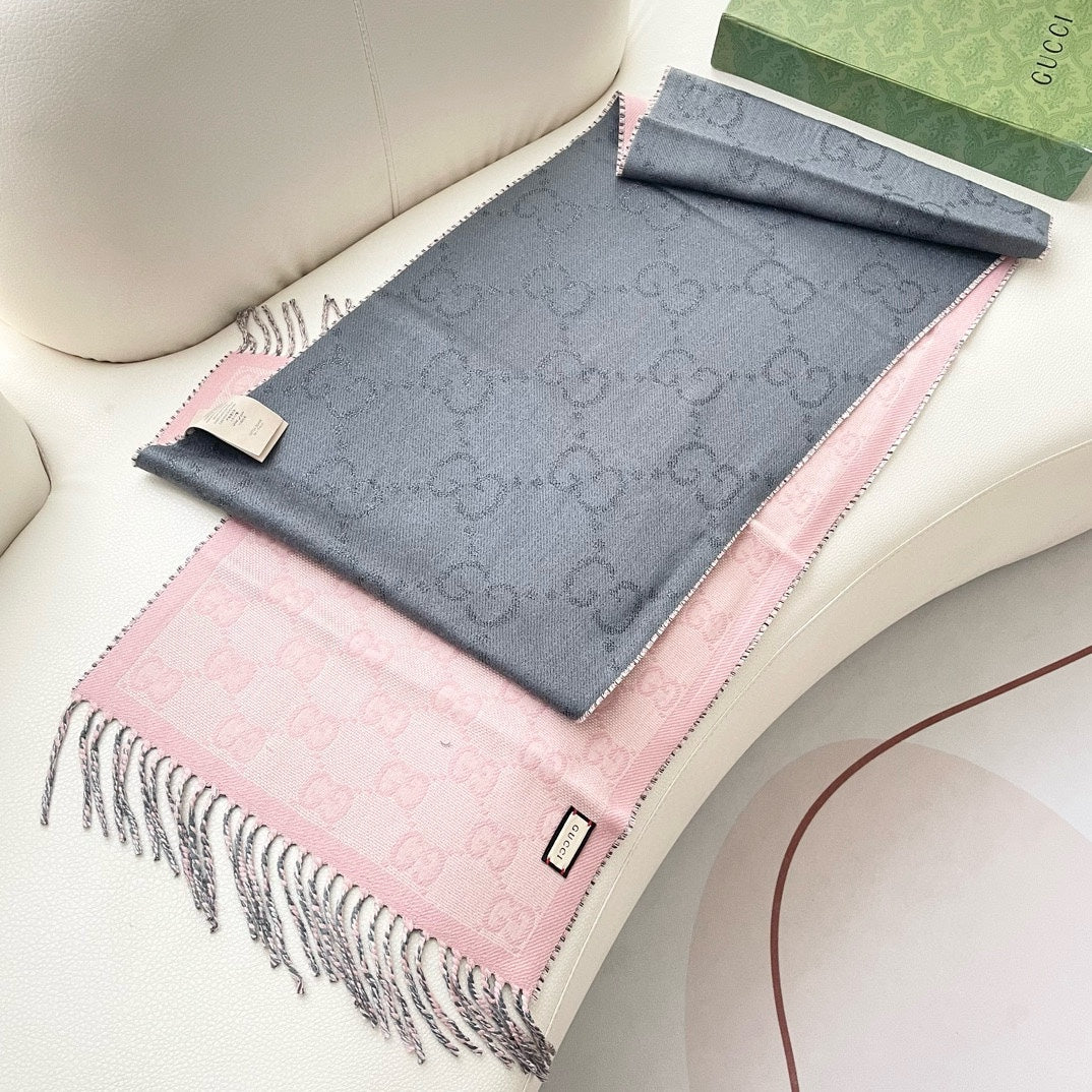 GUCCI SCARF 195 CM IN SHARK GRAY AND LIGHT PINK CASHMERE 401404