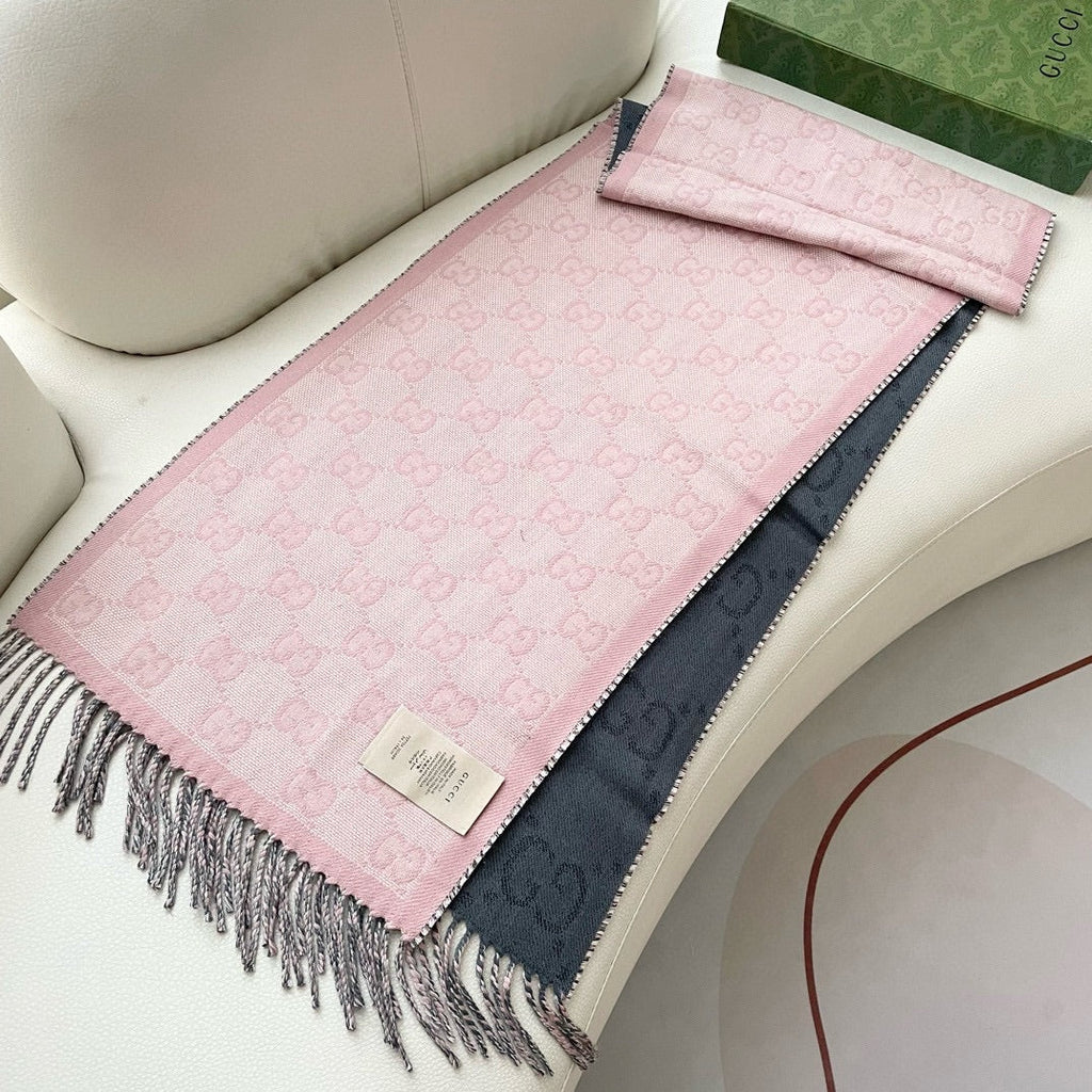 GUCCI SCARF 195 CM IN SHARK GRAY AND LIGHT PINK CASHMERE 401404
