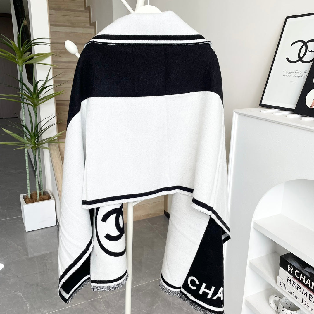 CHANEL SCARF 195 CM IN BLACK MIX WHITE CASHMERE AND WOOL 402234