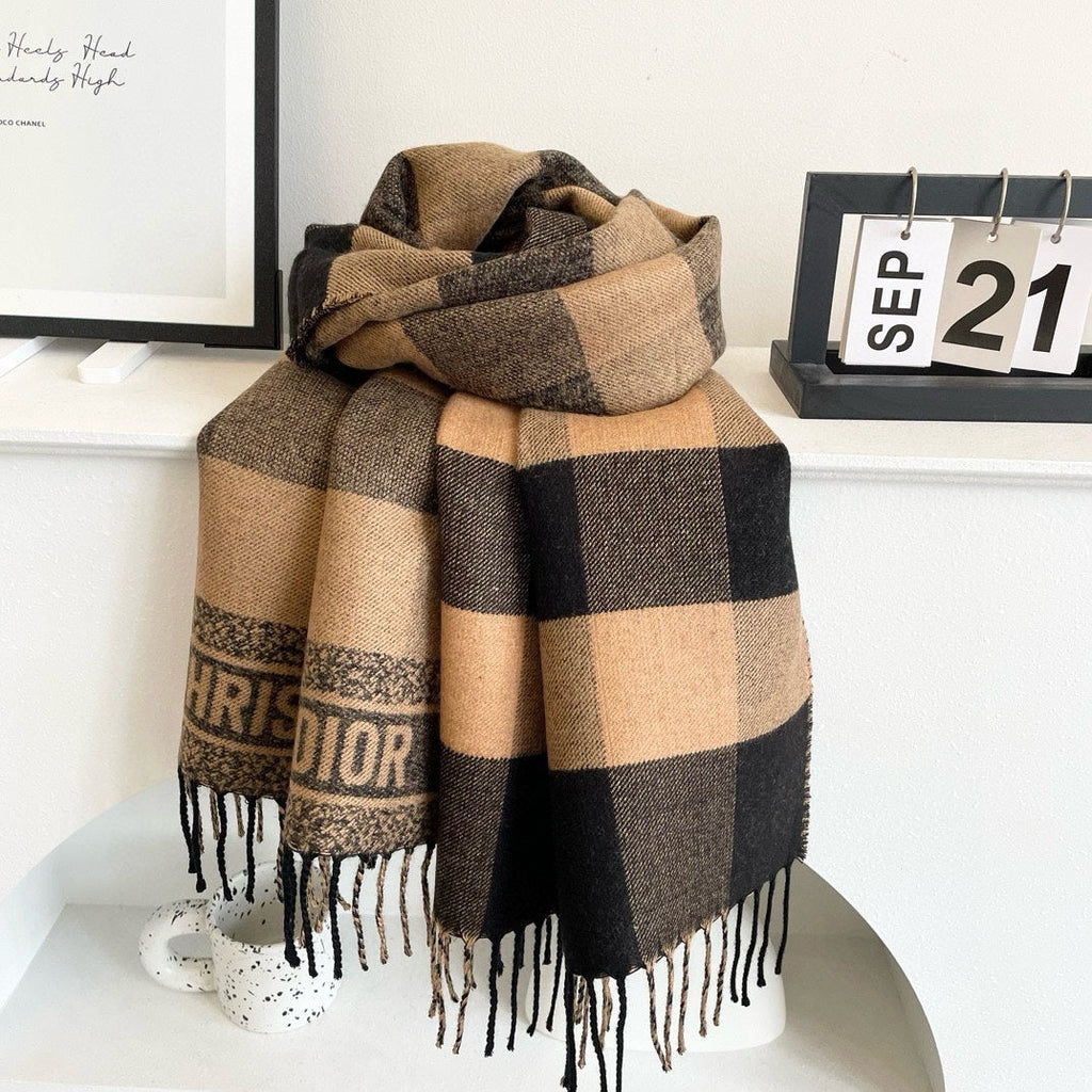 DIOR CHECK SCARF 180 CM IN BLACK MIX SAND YELLOW CASHMERE AND WOOL 415298