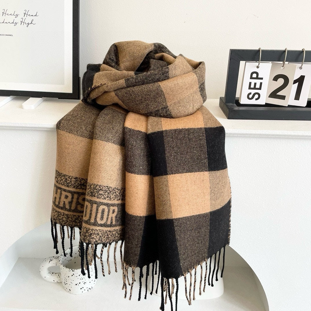 DIOR CHECK SCARF 180 CM IN BLACK MIX SAND YELLOW CASHMERE AND WOOL 415298