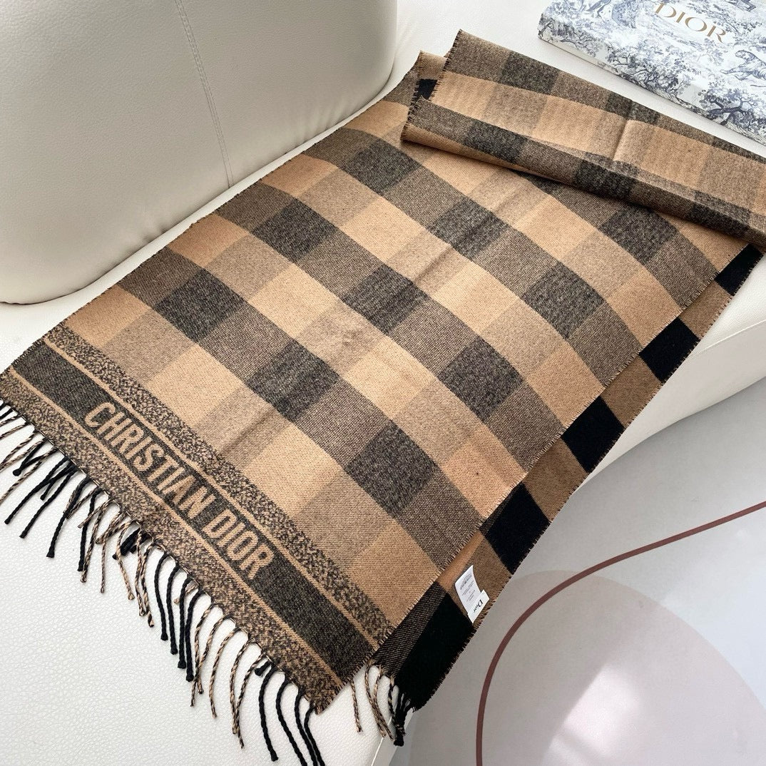 DIOR CHECK SCARF 180 CM IN BLACK MIX SAND YELLOW CASHMERE AND WOOL 415298