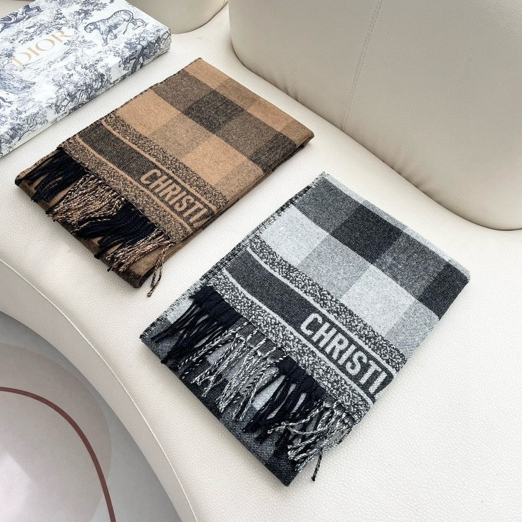 DIOR CHECK SCARF 180 CM IN BLACK MIX SAND YELLOW CASHMERE AND WOOL 415298