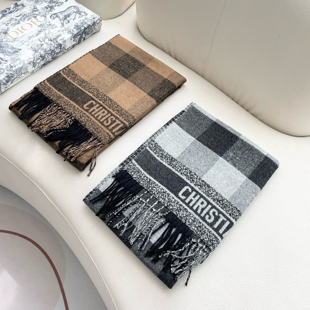 DIOR CHECK SCARF 180 CM IN BLACK MIX SAND YELLOW CASHMERE AND WOOL 415298