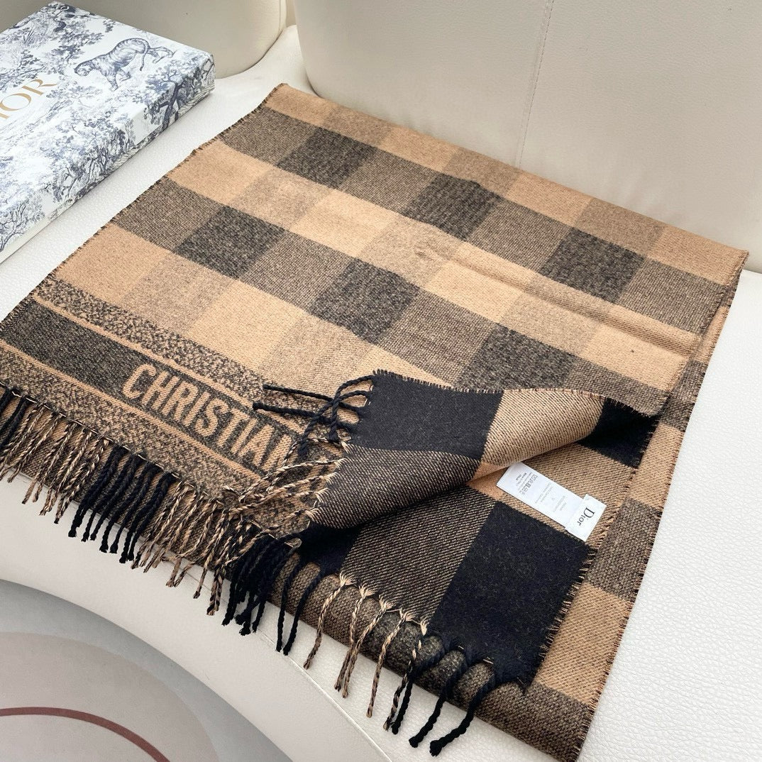DIOR CHECK SCARF 180 CM IN BLACK MIX SAND YELLOW CASHMERE AND WOOL 415298