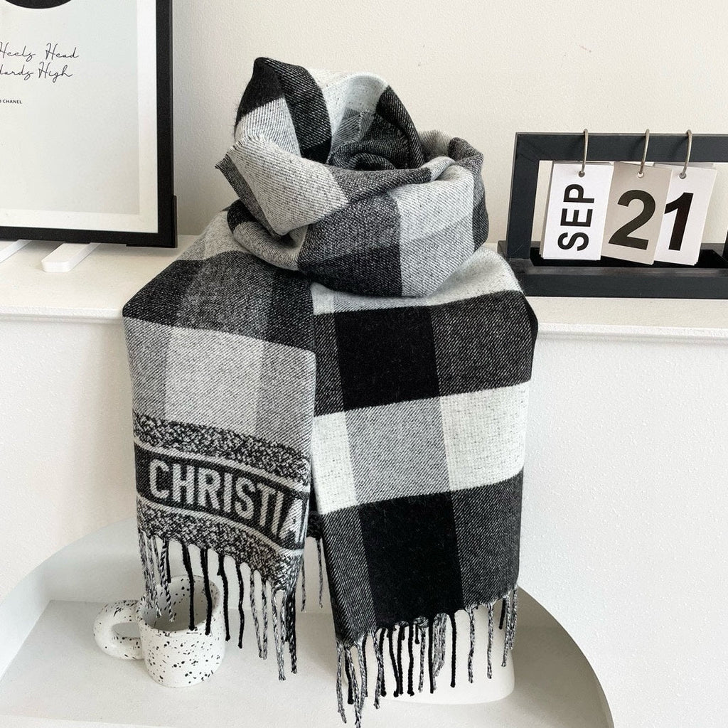 DIOR CHECK SCARF 180 CM IN BLACK MIX WHITE CASHMERE AND WOOL 415299