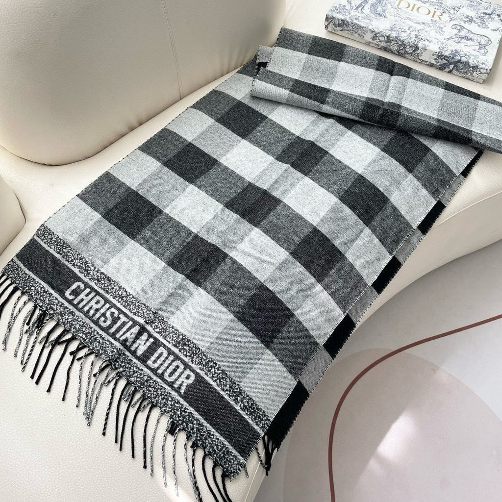 DIOR CHECK SCARF 180 CM IN BLACK MIX WHITE CASHMERE AND WOOL 415299