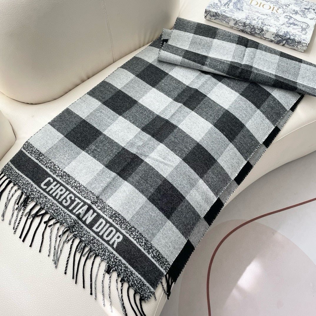 DIOR CHECK SCARF 180 CM IN BLACK MIX WHITE CASHMERE AND WOOL 415299