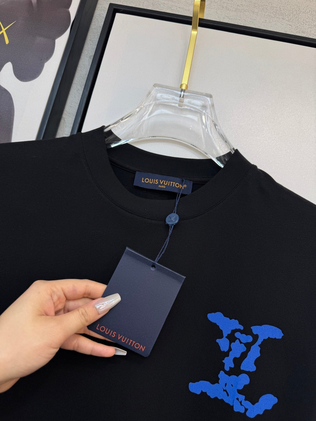 LOUIS VUITTON LV BLACK COTTON T-SHIRT BLUE STYLIZED LOGO 238916