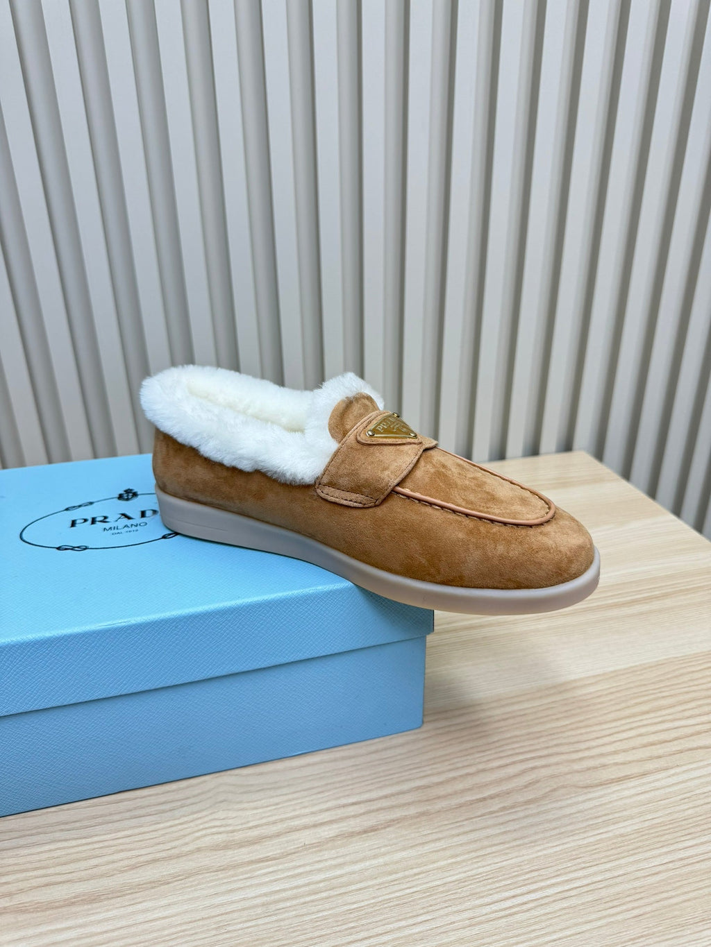 PRADA SUEDE LOAFER IN TAN BROWN WITH SHEARLING LINING