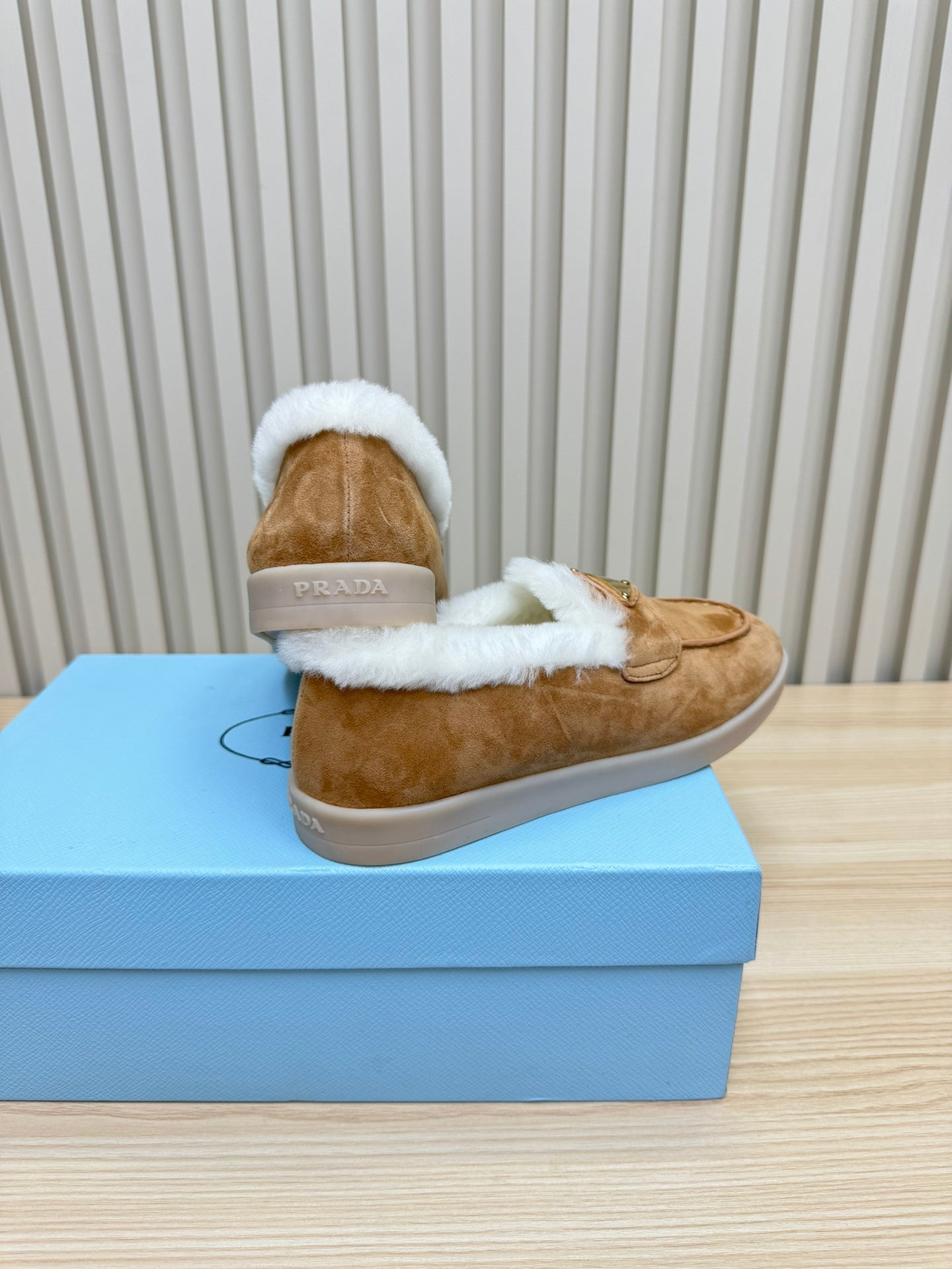 PRADA SUEDE LOAFER IN TAN BROWN WITH SHEARLING LINING