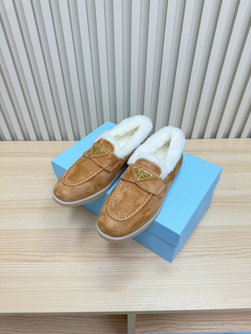 PRADA LOAFER IN CAMEL SUEDE AND FUR LINING ATTACHED TRIANGLE LOGO
