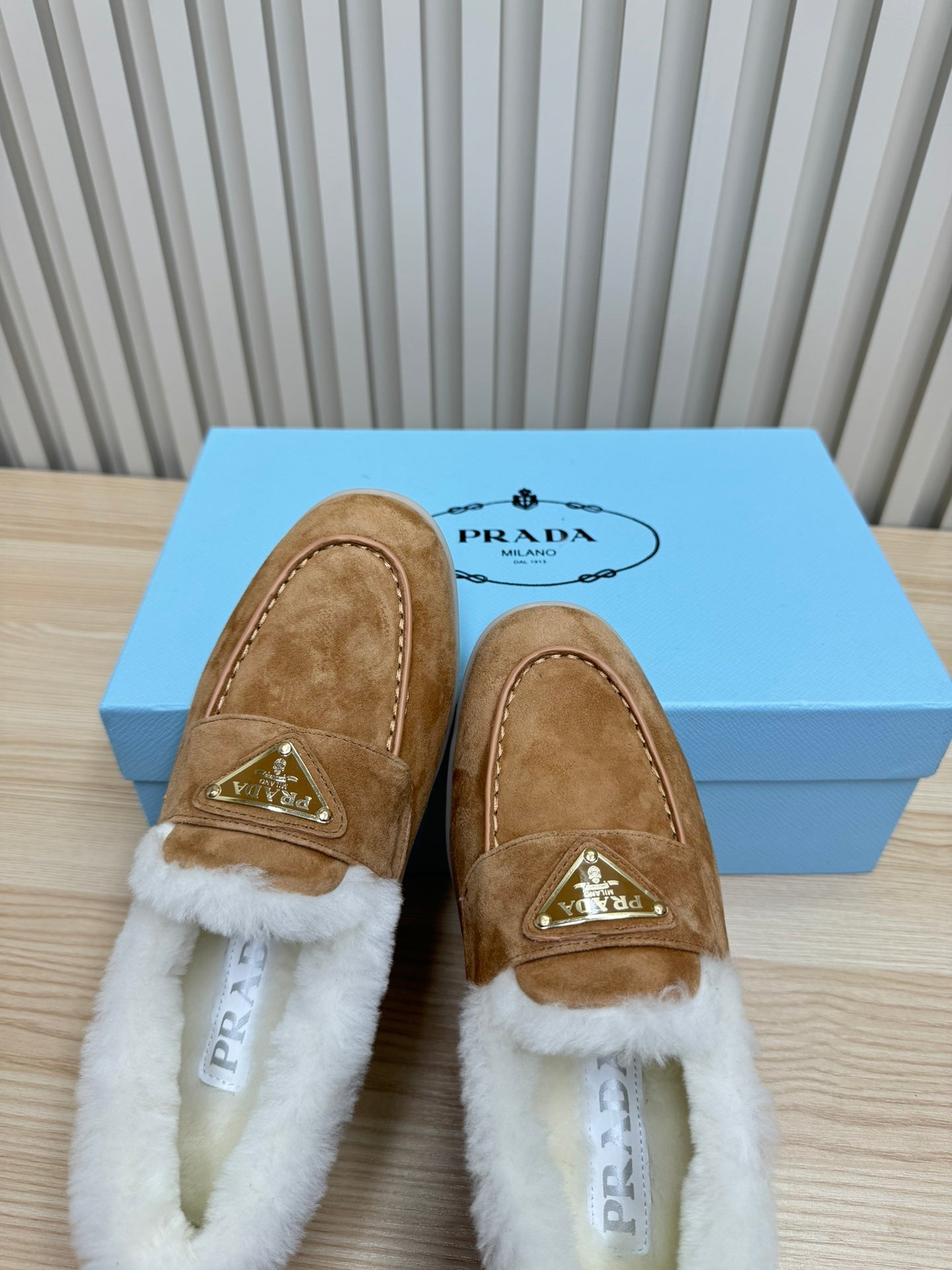PRADA LOAFER IN CAMEL SUEDE AND FUR LINING ATTACHED TRIANGLE LOGO